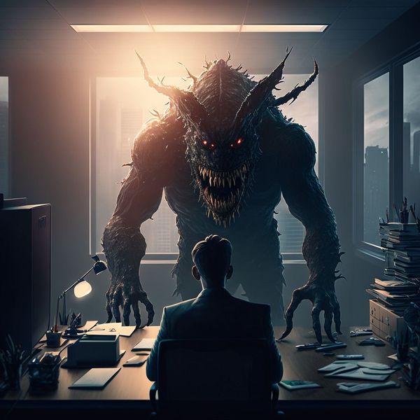 Monster looking at a entrepreneur at the office